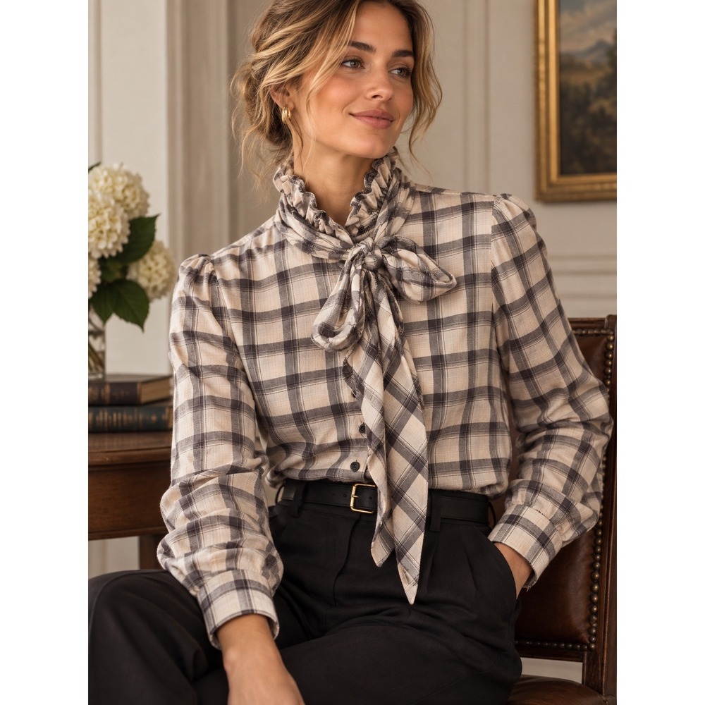 Lauren Ralph Lauren Plaid Ruffle Neck Tie Blouse Cotton Top Large L Grey Cream